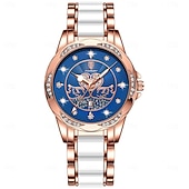 baratos Relógios Quartz-Relógio feminino de quartzo em ouro rosa – mostrador retrô à prova d&#039;água com diamantes e ponteiros luminosos, pulseira de aço inoxidável
