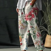 Women's Cotton Linen Pants Cropped Pants Streetwear Boho Ankle-Length Mid Waist Floral Elastic Waist Comfortable Daily Wear Going out Pink Red Summer Spring Regular Fit4