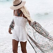 abordables Caftans-Femmes Maillots de Bain Vêtement couvrant Maillot de bain Tropical Tenues de plage Fleur Col en V manche longue Maillots de bain