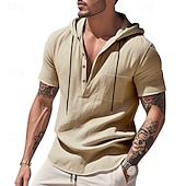 cheap Vacation-Men&#039;s Shirt Linen Shirt Popover Shirt Casual Shirt Cotton Shirt Plain Vacation Street Black White Navy Blue Brown Short Sleeve Hooded Summer Clothing Apparel Lace up