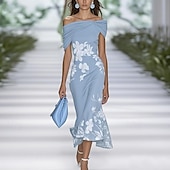 cheap Elegant Floral Dresses-Women&#039;s Midi Dress Floral Dress Elegant Fashion Outdoor Vacation Holiday Regular Fit Flower Short Sleeve Off Shoulder Black Light Green Light Blue Summer