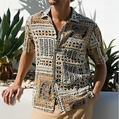 abordables Patrón étnico-Hombre Geométrico Ética / Africana Camisa Abotonar la camisa Manga Corta retro de la vendimia Vacaciones Uso Diario Ropa de playa Verano Primavera Cuello Vuelto Impresión 3D Camisa tipo lino Azul