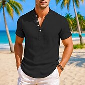 voordelige Vakantie-Voor heren Overhemd Linnen overhemd Overhemd met bandkraag Popover-shirt Zomer overhemd Strand Kleding Effen Vakantie Casual Zwart Wit Blozend Roze Marineblauw Korte mouw Mandarijn Kraag Zomer Kleding