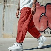 cheap Retro-Men&#039;s Linen Pants Trousers Summer Pants Baggy Pants Beach Pants Drawstring Elastic Waist Straight Leg Plain Comfort Breathable Full Length Casual Daily Holiday Vacation Fashion Black White