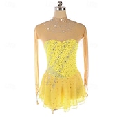 cheap Figure Skating Dresses-Figure Skating Dress Women&#039;s Girls&#039; Ice Skating Dress Yellow Patchwork Thumbhole Mesh Spandex Stretchy Training Practice Professional Skating Wear Thermal Warm Crystal / Rhinestone Long Sleeve Ice