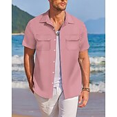 preiswerte Herrenhemd zum Knöpfen-Herren Hemd Sommerhemd Freizeithemd Strandhemd Knopfhemd Rosa Wein Blau Grün Dunkel Blau Kurzarm Streifen Revers Urlaub Hawaiianisch Fronttasche Bekleidung Baumwollmischung Mode Lässig Bequem