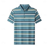 preiswerte Herren Elite Polo-Herren Poloshirt aus Seide, Baumwolle und Lyocell, formelle Arbeit, Turndown, kurze Ärmel, Basic, formal, gestreift, Streifendruck, Sommer, normale Passform, schwarz-grün