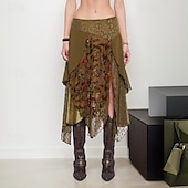 abordables Jupes graphiques-Femmes Jupe Mode Boho Midi Taille Basse Jupes Fleuri Dentelle Épissure Imprimé Micro-Élastique Vacances Rue Marron Été Polyester