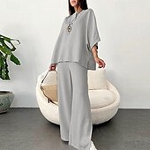abordables Ensembles-Femmes Mode Streetwear Chemises en coton et lin Ensembles en coton et lin Ensembles de Pantalons Manche 3/4 Col en V Uni Tenue quotidienne Date Blanche Beige Été Coupe régulière