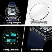 baratos Relógio Automático-Relógio esportivo digital masculino à prova d&#039;água com display LED quadrado, hora dupla, semana e data, pulseira de silicone, relógio de pulso casual
