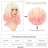 voordelige Synthetische trendy pruiken-Ombre 2-tone kleur krullende bob pruik met luchtpony natuurlijke krullende golvende korte bob pruiken schouderlange pruiken synthetische cosplay voor meisjes kleurrijke pruiken 12&#039;&#039; blond tot roze
