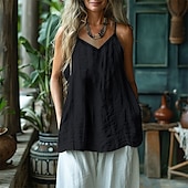 baratos Tops Boho-Mulheres Camisa Social Camisa de algodão e linho Camisola Regata Tecido Diário à moda Básico Sem Manga Com Alças ombro frio Tops regulares Trabalho Diário Feriado Preto Branco Amarelo Primavera Outono