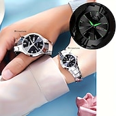 economico Orologi al quarzo-Orologio da coppia luminoso con quadrante rotondo, IPX7, impermeabile, al quarzo, con calendario e data, in acciaio inossidabile, alla moda, per donne e uomini, regalo per San Valentino.