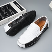 billiga Casual loafers-Vita herrloafers i konstläder med svart krokodilstruktur – eleganta och snygga slip-on-skor för semiformella evenemang, bröllop och avslappnade sammankomster