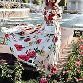 tanie Eleganckie sukienki kwiatowe-Damskie Długa sukienka sukienka maxi Sukienka koktajlowa Sukienka z nadrukiem Moda Nowoczesny Na zewnątrz Urlop Herbaciane przyjęcie Regularny Kwiat Krótki rękaw Z odsłoniętymi ramionami Biały Lato