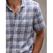 cheap Business Casual-Men&#039;s Shirt Linen Shirt Summer Shirt Dress Shirt Plaid Shirt Button Up Shirt Plaid Casual Daily Wear Blue Short Sleeve Turndown Summer Clothing Apparel Front Pocket