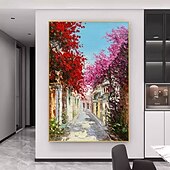 preiswerte Blumen-/Botanische Gemälde-handgemaltes Ölgemälde einer mediterranen Gasse – blühende Bougainvillea, goldenes Wald-Ölgemälde, handgemachtes Herbst-Ölgemälde, Landschaftsgemälde, Wandkunst für die Wohnzimmerdekoration