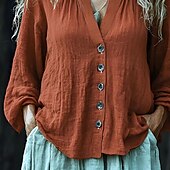 economico Tops Boho-Per donna Camicia Camicie di cotone e lino Set ispirati al lino Blusa Semplice Moderno Casual Manica Lunga Scollo a V Top Regolari Quotidiano Ferie Bottoni Arancione Estate