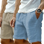 economico Classico-Confezione da 2 pantaloncini da uomo in lino, estivi, da spiaggia, con coulisse, tasca, elastico in vita, tinta unita, comodi, traspiranti, lunghezza al ginocchio, casual, per tutti i giorni, per le vacanze, alla moda, verde+grigio, nero+grigio