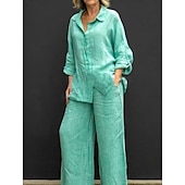 preiswerte Sets-Damen Aktiv Basic Baumwoll-Leinen-Sets Langarm Hemdkragen Einfarbig Alltagstauglich Schwarz Weiß Gelb Sommer Normale Passform