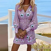 abordables Robes fleuries décontractées-Femmes Mini Robe Robe Décontractée Robe d&#039;été Mode Extérieur Soirée Fête Coupe régulière Fleur manche longue Col en V Bleu Violet Vert Été