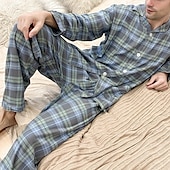 billiga Pyjamas-Herr Sovkläder Pyjamas set Pyjamastopp och byxa 1set Rutig Mode Stylish Klassisk Hem Dagligen Säng Bomull Komfort Mjuk Kavajslag Långärmad Cardigan Byxa Elastisk midja Vår Höst Vit + Svart Marinblå