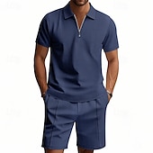 voordelige Klassieke polo voor heren-Voor heren Wafel Poloshirts Polo met kwartrits Dagelijks Feestdagen Revers Korte mouw Modieus Basic Effen 2-stuks Zomer Normale pasvorm Zwart Wit Marineblauw Koningsblauw Groen Khaki Wafel Poloshirts