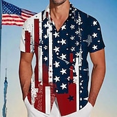 お買い得  フラグパターン-アメリカ独立記念日 男性用 ストライプ アメリカの米国旗 愛国 シャツ サマーシャツ ボタンアップシャツ 半袖 ファッションカジュアル アウトドア 祝日 夏 春 折襟 3Dプリント 襟付きシャツ ルビーレッド ダークブルー