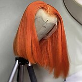 economico Parrucche lace front capelli veri-parrucca bobo corta in pizzo frontale color zenzero, arancione, 13*4, capelli lisci in pizzo, densità 150%