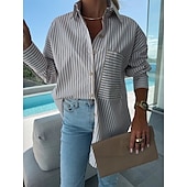 voordelige Dames Strepen &amp; Geometrische Tops-Dames Overhemd Bloemig Stijlvol Casual Lange mouw Overhemdkraag Normale tops Dagelijks Knop Zak Afdrukken Blozend Roze blauw Khaki Zomer Lente