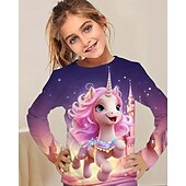 billiga Flickans 3D-tecknad film-Flickor 3D Enhörnings T-shirt Långärmad Vår Höst Mode Grundläggande Barn 4-12 år Rund hals Utomhus Ledigt Dagligen Normal