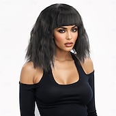 baratos Perucas Sintéticas sem Touca-Perucas sintéticas Kinky Liso Onda de Água Corte Assimétrico Franja Lisa Fabrico à Máquina Peruca 14 polegadas A1 Cabelo Sintético Mulheres Clássico Confortável Cores Gradiente Preta