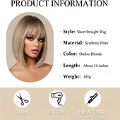 levne Syntetické trendy paruky-Ombré blond bob paruka s ofinou krátká rovná paruka pro ženy syntetické vlasy paruky pro denní párty cosplay nošení