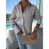 voordelige Dames Strepen &amp; Geometrische Tops-Dames Overhemd Bloemig Stijlvol Casual Lange mouw Overhemdkraag Normale tops Dagelijks Knop Zak Afdrukken Blozend Roze blauw Khaki Zomer Lente