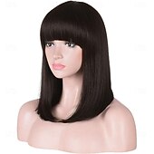 お買い得  トレンドの合成ウィッグ-女性用ミディアムロングヘアウィッグ、ダークブラウンボブウィッグ、フリンジ付き、ナチュラルストレートヘアウィッグ、ハロウィン仮装コスプレ用16インチ