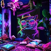 お買い得  ブラックライトタペストリー-ブラックライトタペストリー 蓄光 パーティー UV反応 猫 トリッピーミスティー 吊るしタペストリー 壁アート ミューラル リビングルーム 寝室用