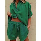 abordables Ensembles-Femmes Actif Basique Ensembles en coton et lin Manche Courte Col de chemise Couleur Unie Décontracté Quotidien Vert Véronèse bleu marine Vert foncé Été Coupe régulière