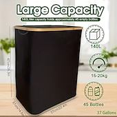 abordables Bac de recyclage-Poubelle de recyclage à double trou en tissu Oxford, panier à linge à cadre en bambou de 140 l avec couvercle et 2 sacs intérieurs en polyester, poubelle d&#039;intérieur pliable et conteneur de recyclage