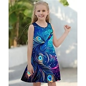 cheap 3D Cartoon Dress-Girls&#039; 3D Peacock Sunflower Dress Sleeveless Summer Spring Vacation Daily Holiday Princess Beautiful Sweet Kids 4-12 Years Casual Dress A Line Dress Knee-length Regular Fit
