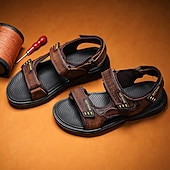 cheap Outdoor Sandals-Men&#039;s Brown Faux Leather and Mesh Sport Sandals with Dual Buckle Straps – Durable Outdoor Sandals for Hiking, Beach or Vacation Wear