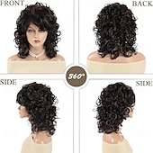 baratos Perucas Históricas-Peruca de cabelo sintético comprimento dos ombros dos anos 1970 para mulheres, peruca marrom misturada e ondulada com franja, peruca de substituição de cabelo castanho chocolate grosso e saltitante,