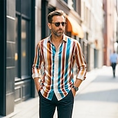 preiswerte Satinhemden für Herren-Herren Hemd Satinhemd Gestreiftes Hemd Freizeithemd Knopfhemd Gestreift Hochzeit Urlaub Regenbogen Langarm Kragen Frühling &amp; Herbst Bekleidung