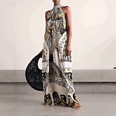 economico Abiti boho-Per donna Abito Lungo Maxi Abito Vestito Casual Vestito a ruota Moda All&#039;aperto Feste Ferie Vestibilità regolare Dipinto Senza Maniche All&#039;americana Bianco Estate