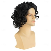 ieftine Peruci Bărbați-Perucă scurtă și creță neagră pentru bărbați, peruci sintetice frumoase, păr natural, perucă pentru costum de Halloween, cosplay