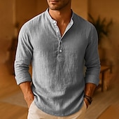 economico Camicie di lino-Per uomo Camicia Camicia di lino Camicia popover Camicia casual Camicia di cotone Semplice Vacanza Camicia hawaiana Rosa scuro Nero Bianco Cachi Manica Lunga Colletto alla coreana Primavera Autunno