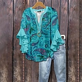 preiswerte Grafikladen T-Shirt-Damen T Shirt T-Shirt Blumen Grafik Mode Modern Halbarm V Ausschnitt Normale Oberteile Täglich Ausgehen Rüsche Druck Rosa Blau Braun Sommer Frühling