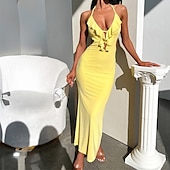 tanie Sukienki na przyjęcia-Damskie Długa sukienka sukienka maxi Codzienne sukienki Sukienka koktajlowa Moda Elegancka sukienka Na zewnątrz Impreza Święto Regularny Równina Bez rękawów W serek Czarny Biały Żółty Lato