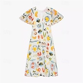 economico disegnare abiti in cotone e lino-Per donna Abito Lungo Maxi Abito Abiti in cotone e lino Vestito Casual Moda All&#039;aperto Feste Ferie Vestibilità regolare Frutta Manica Corta Scollo a V Beige Estate