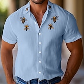 cheap Vacation-Men&#039;s Linen Shirt Summer Shirt Beach Wear Button Up Shirt Bee Vacation Holiday White Pink Blue Short Sleeve Turndown Summer Spring Clothing Apparel