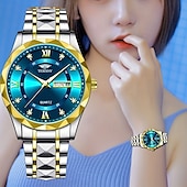 baratos Relógios Quartz-Dois mostradores romanos redondos com diamantes aquáticos, mostrador luminoso, relógio de casal ipx7 à prova d&#039;água, relógio de quartzo com calendário e data, pulseira de aço inoxidável elegante,